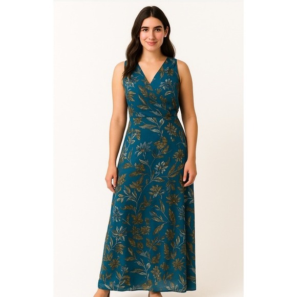 Allison Joy XL Teal Blue Floral Sleeveless Maxi Dress Made in USA Womens - Picture 1 of 7